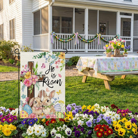 CROWNED BEAUTY Easter flag with eggs brightens outdoor spaces for spring gatherings.