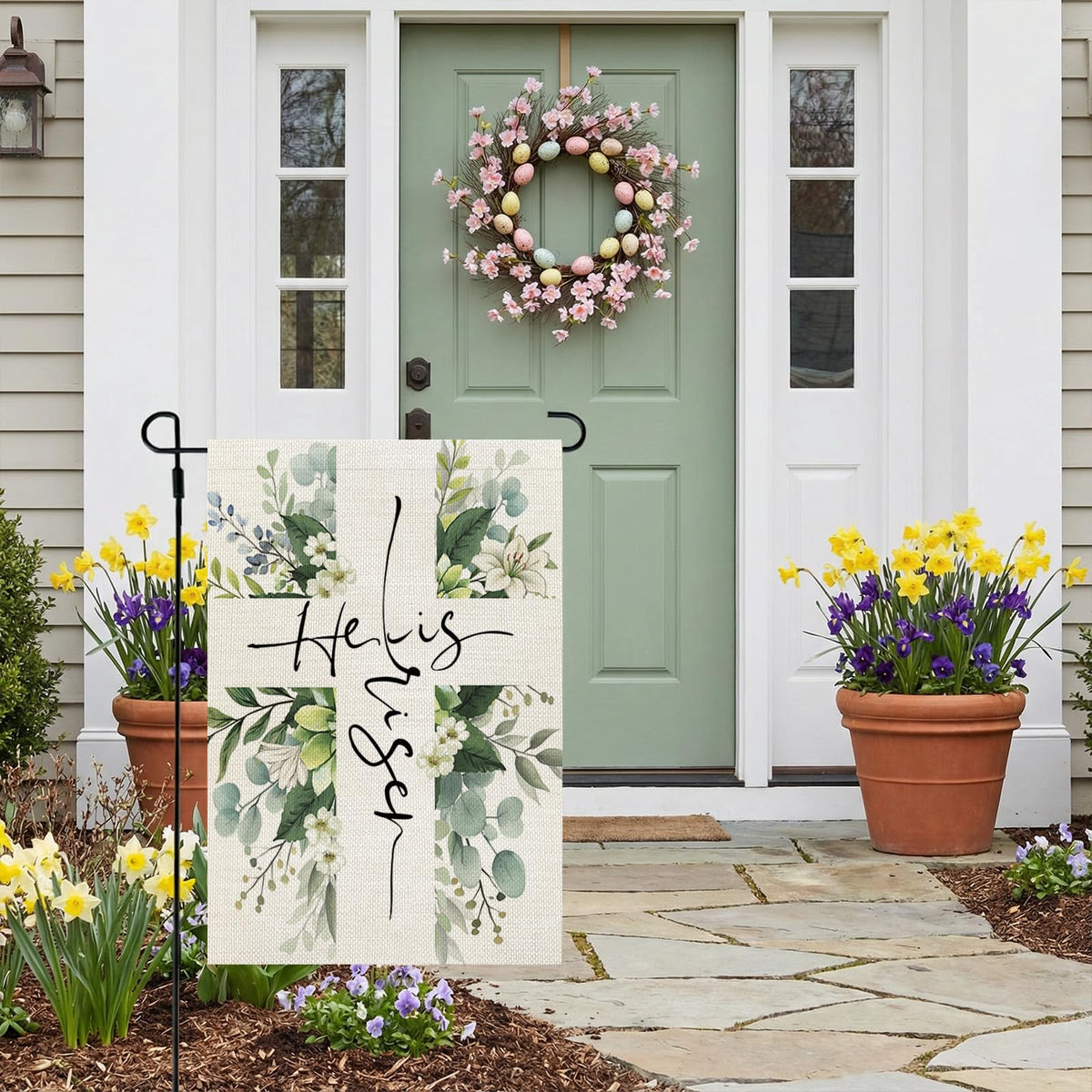 CROWNED BEAUTY Easter flag on porch or garden display for welcoming ambiance
