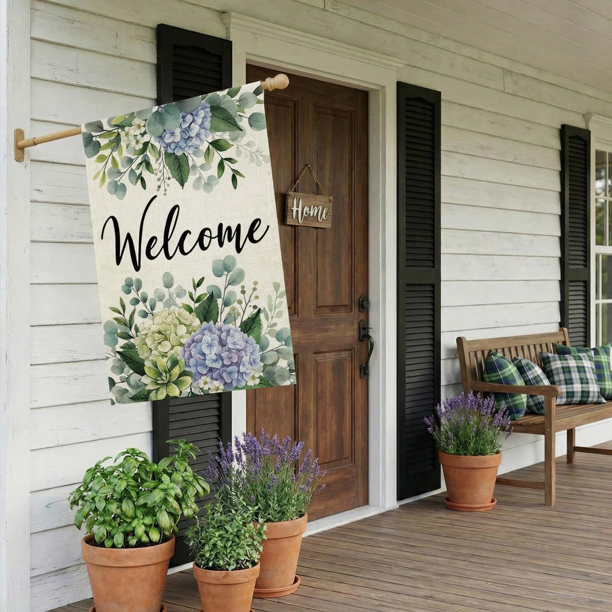CROWNED BEAUTY Hello Spring motif flag, ideal for gardens and patios.