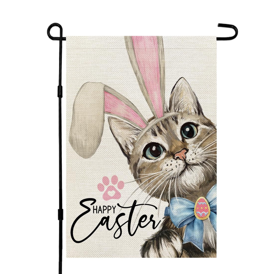 CROWNED BEAUTY Happy Easter cat garden flag, double-sided for bright outdoor display.