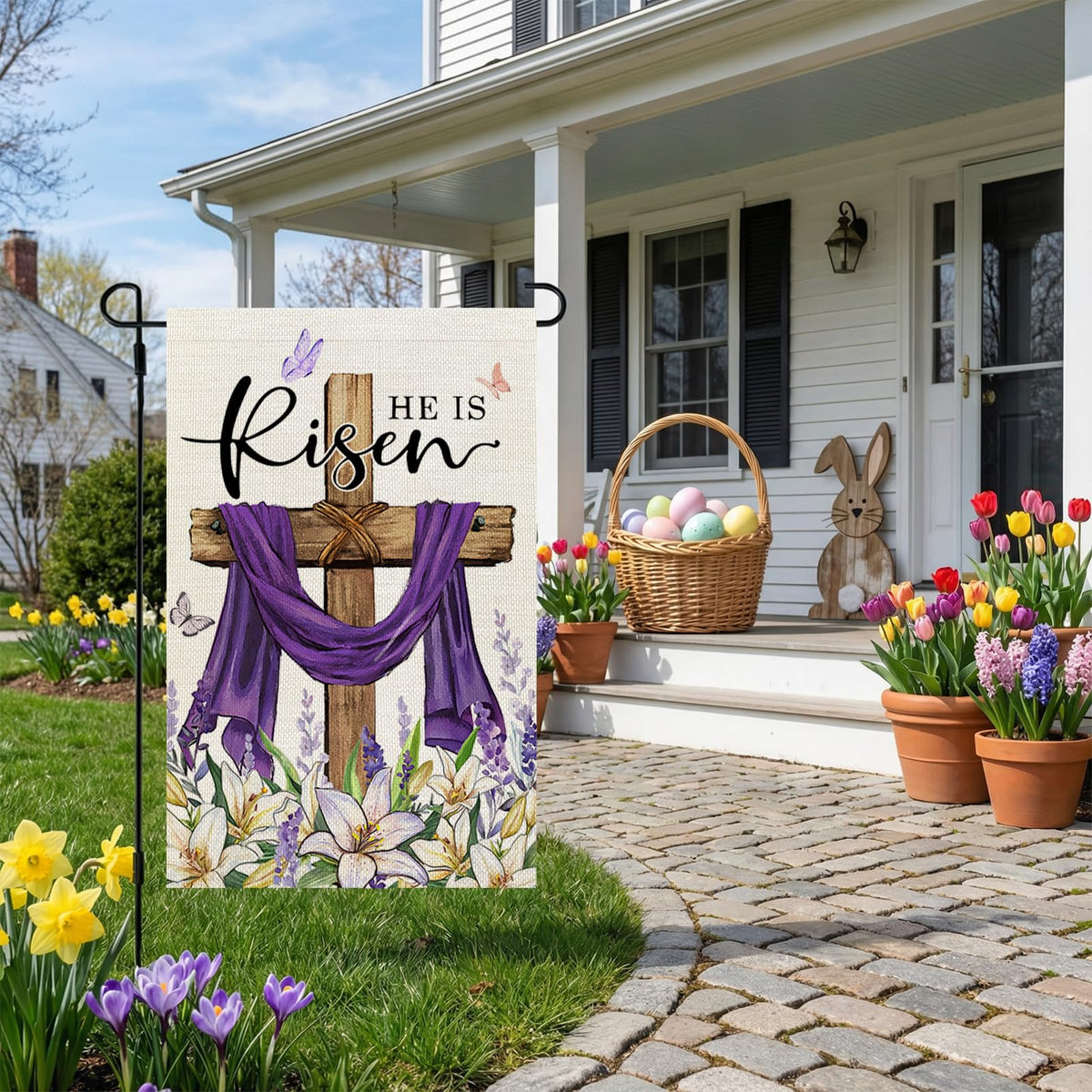 CROWNED BEAUTY He is Risen flag 12x18 inch enhances porch welcome