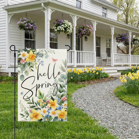 CROWNED BEAUTY Hello Spring garden flag, back view remains vibrant on both sides