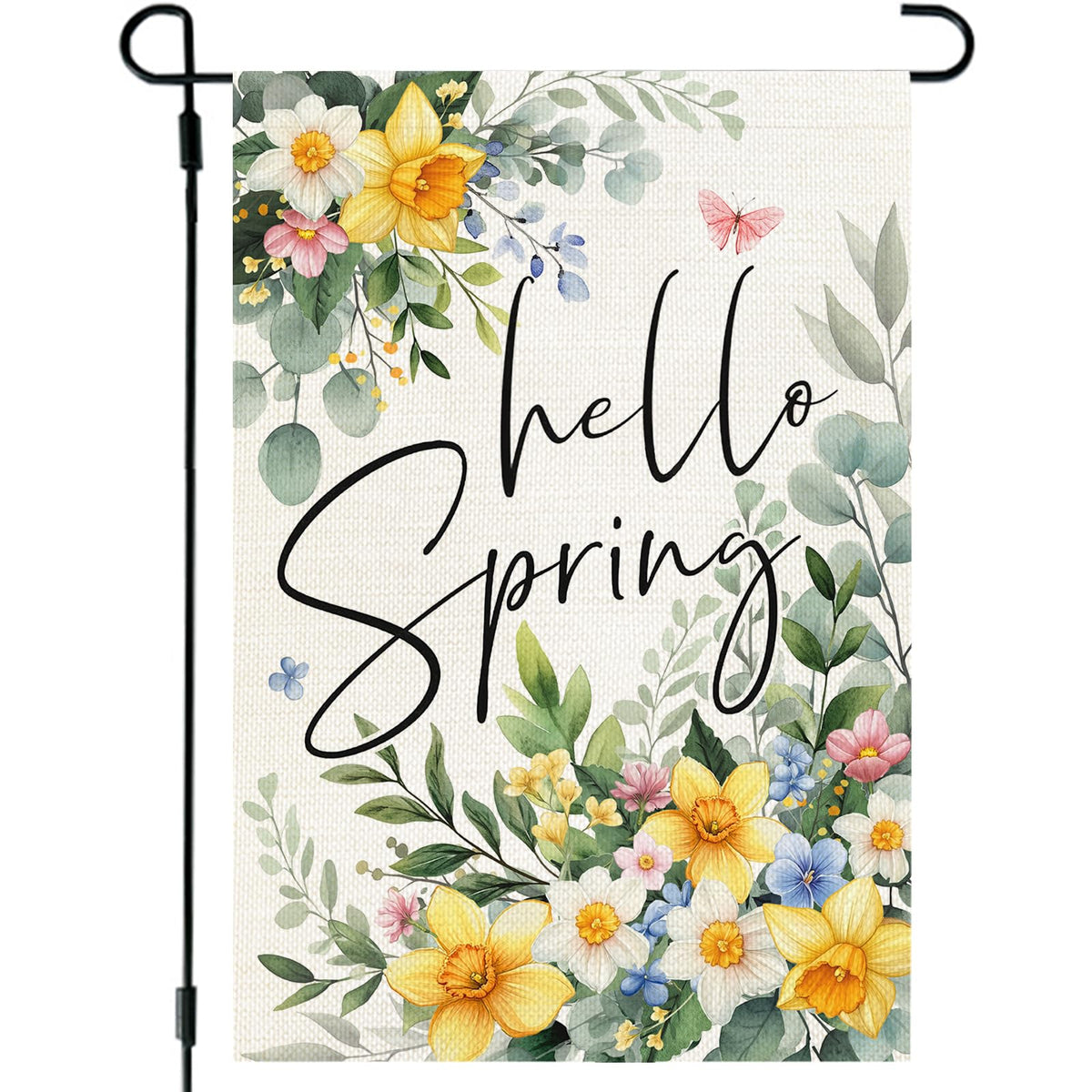 CROWNED BEAUTY Hello Spring garden flag, front view for enhanced outdoor visibility with double-sided print