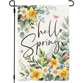 CROWNED BEAUTY Hello Spring garden flag, front view for enhanced outdoor visibility with double-sided print