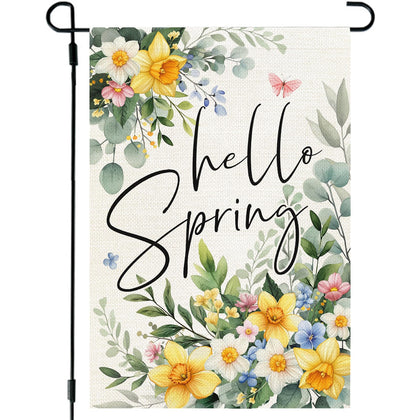 CROWNED BEAUTY Hello Spring garden flag, front view for enhanced outdoor visibility with double-sided print