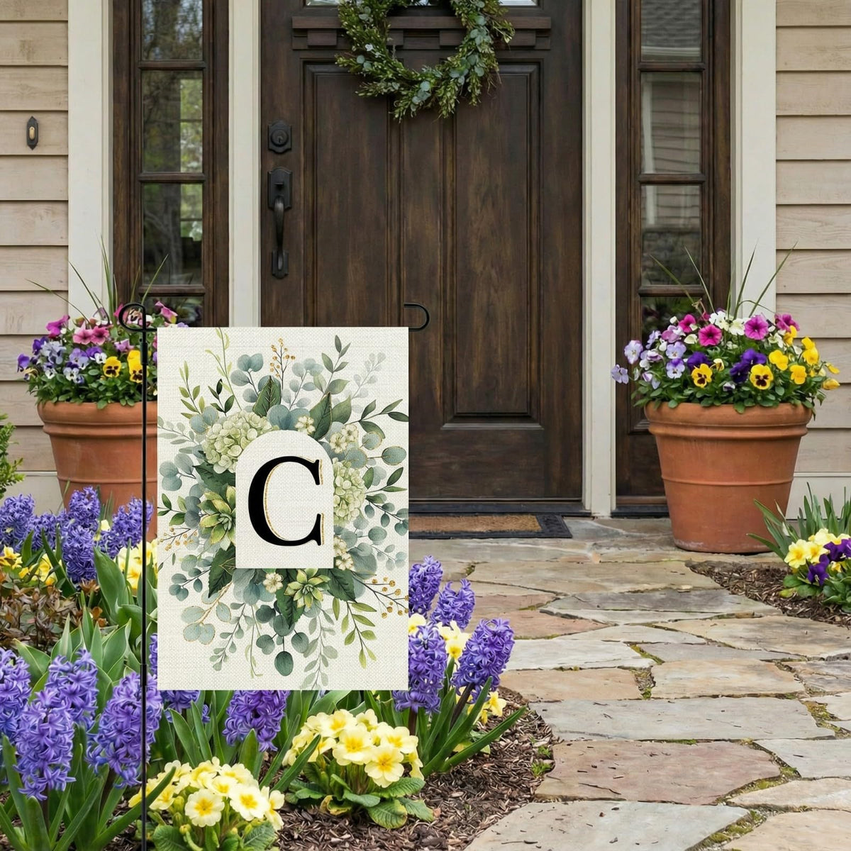 CROWNED BEAUTY monogram garden flag all-season design in garden