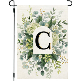 CROWNED BEAUTY monogram garden flag front view with blue hydrangeas for outdoor welcome