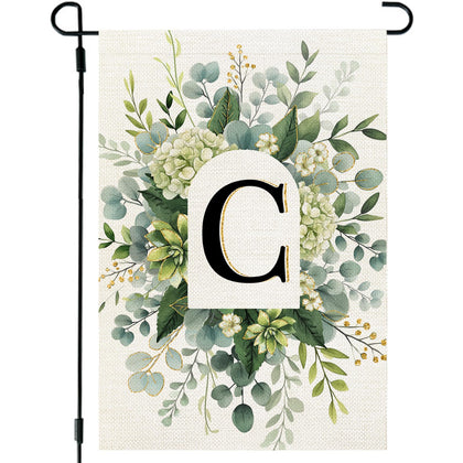 CROWNED BEAUTY monogram garden flag front view with blue hydrangeas for outdoor welcome