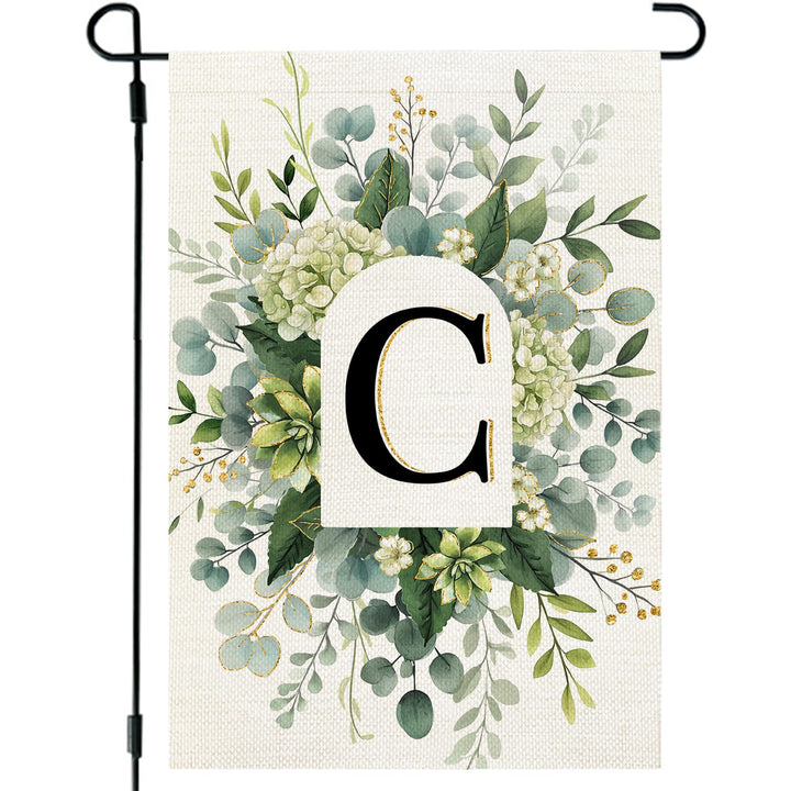 CROWNED BEAUTY monogram garden flag front view with blue hydrangeas for outdoor welcome