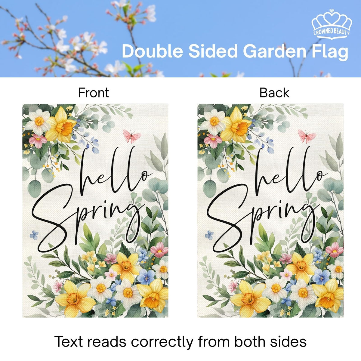 CROWNED BEAUTY garden flag on porch shows durable polyester standing up to weather