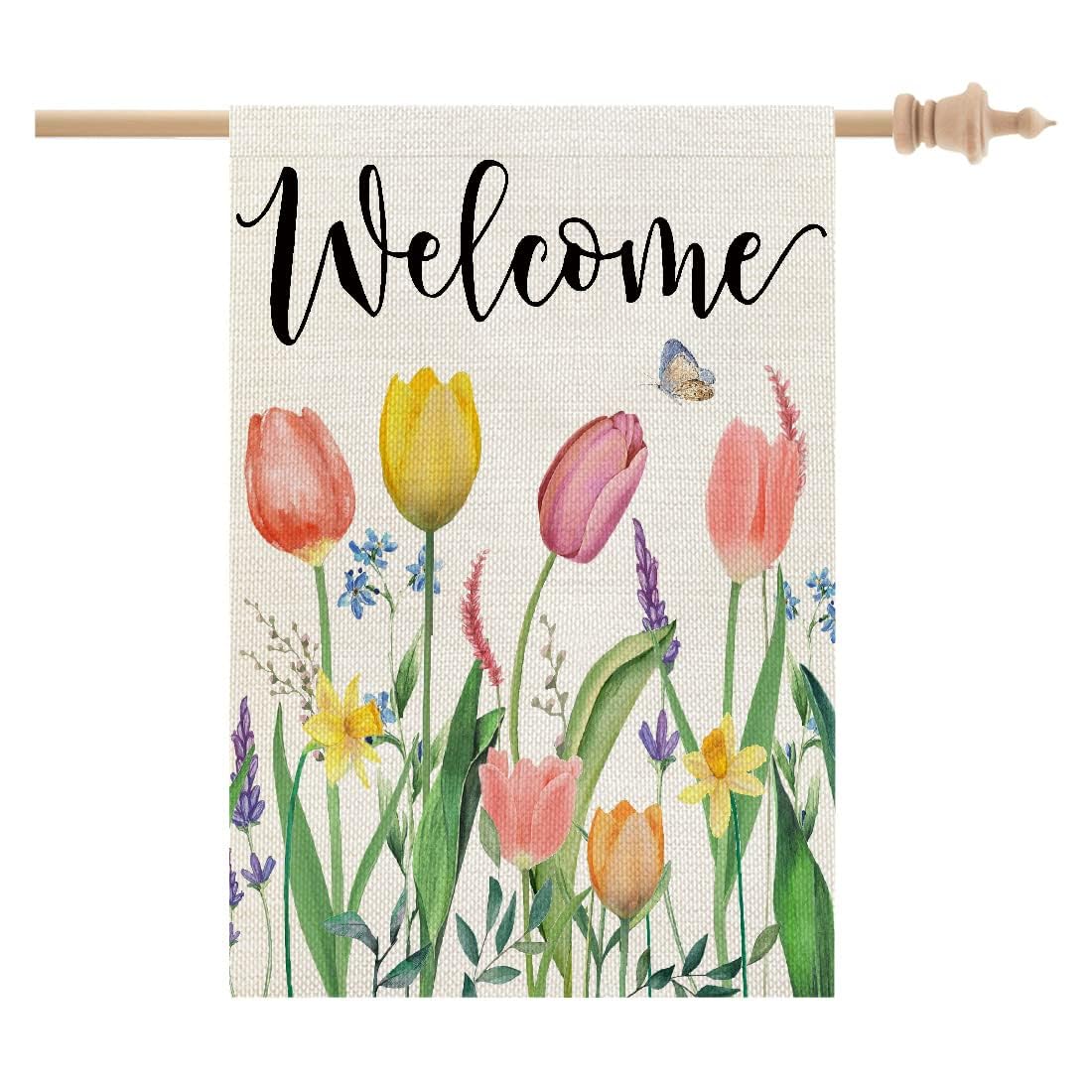 CROWNED BEAUTY spring flag with tulips welcomes guests from both sides.