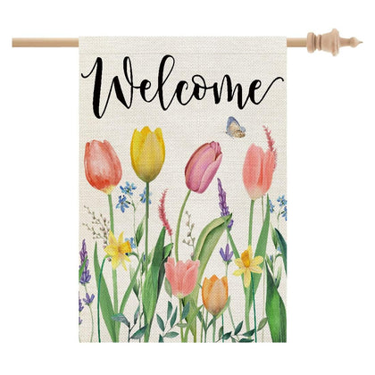 CROWNED BEAUTY spring flag with tulips welcomes guests from both sides.