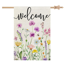 CROWNED BEAUTY spring floral house flag front view, 28x40 inches, durable outdoor decor.