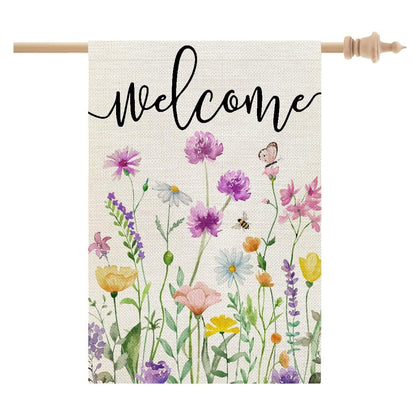 CROWNED BEAUTY spring floral house flag front view, 28x40 inches, durable outdoor decor.