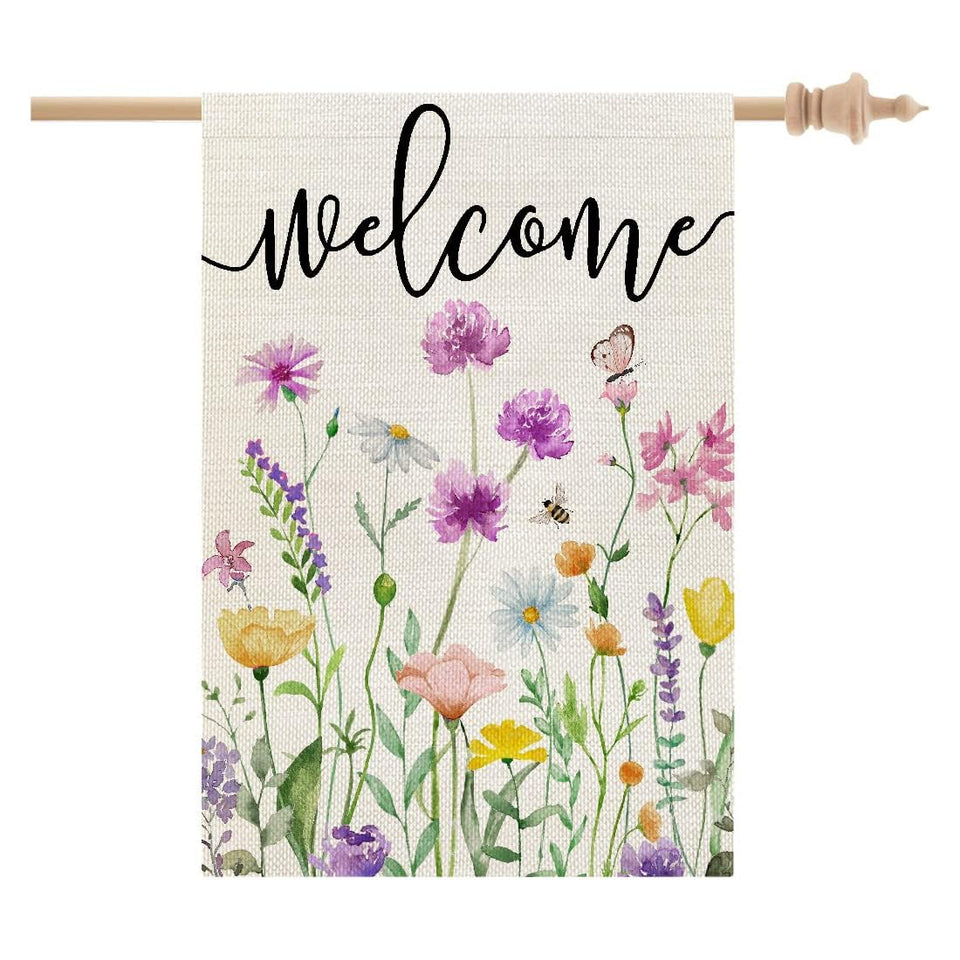 CROWNED BEAUTY spring floral house flag front view, 28x40 inches, durable outdoor decor.