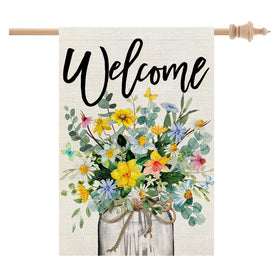 Crowned Beauty Spring floral house flag with Mason jar design for welcoming outdoor spaces