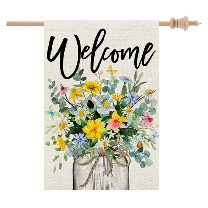Crowned Beauty Spring floral house flag with Mason jar design for welcoming outdoor spaces