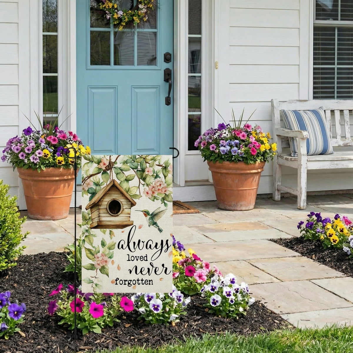 CROWNED BEAUTY garden flag shows birds and bees for a lively spring vibe