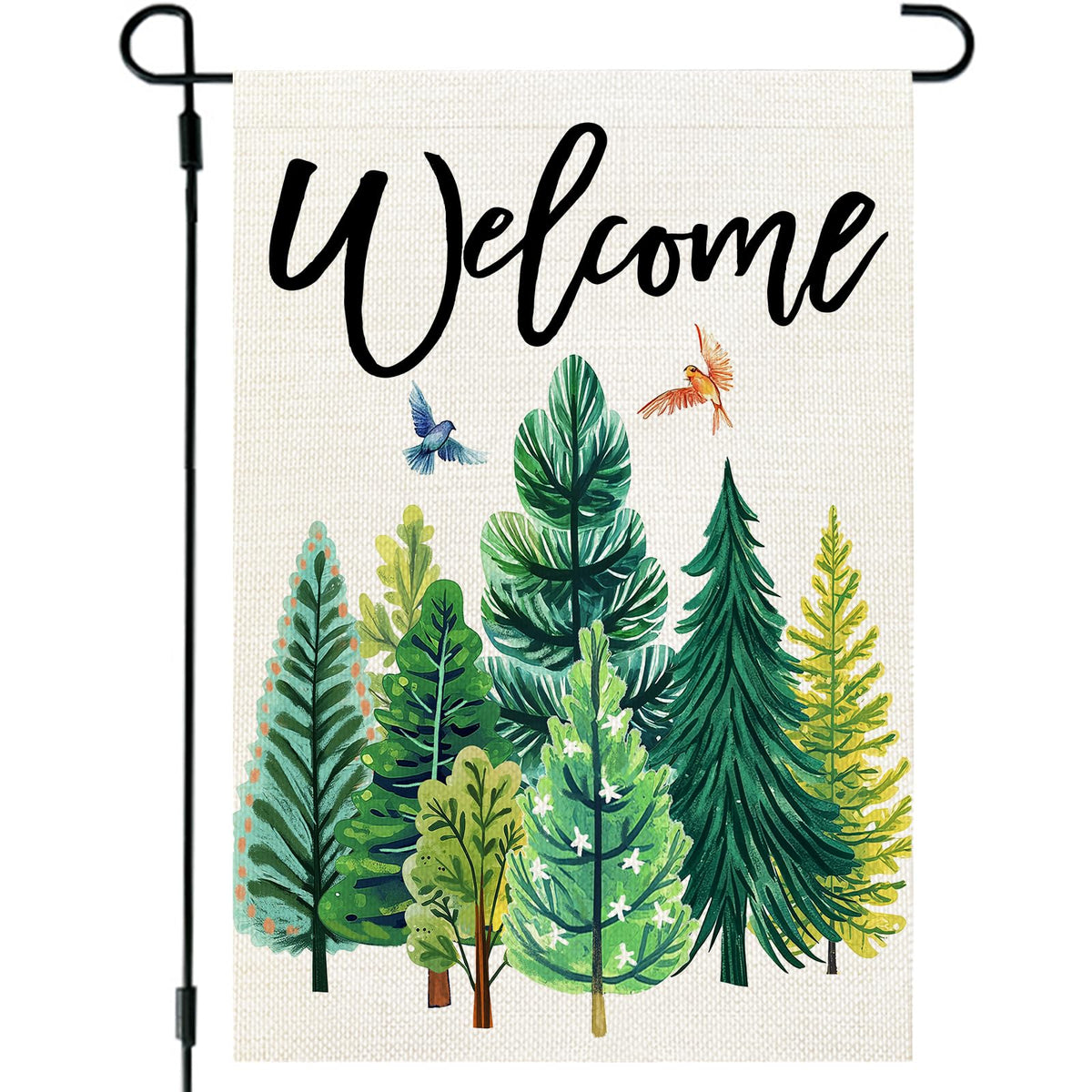 CROWNED BEAUTY Spring Garden Flag with blooming flowers on green trees to boost curb appeal.