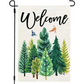 CROWNED BEAUTY Spring Garden Flag with blooming flowers on green trees to boost curb appeal.