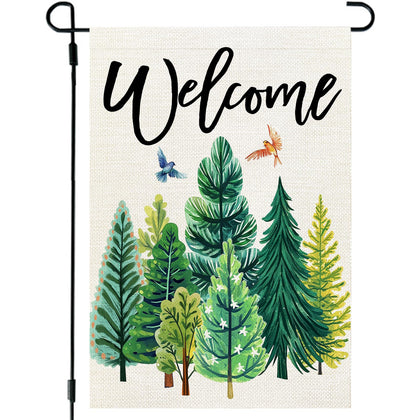 CROWNED BEAUTY Spring Garden Flag with blooming flowers on green trees to boost curb appeal.