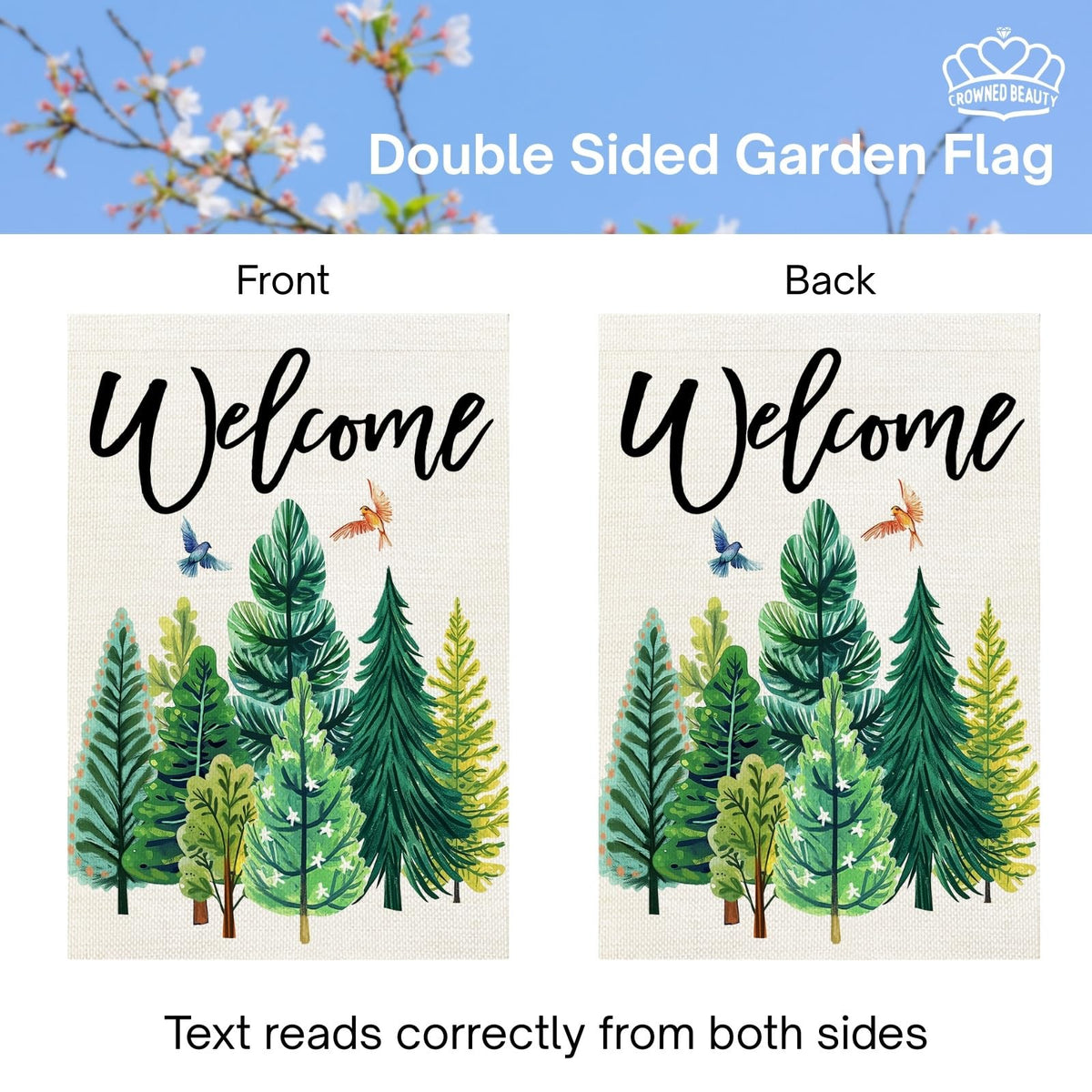 CROWNED BEAUTY garden flag made from burlap-textured fabric for outdoor durability.