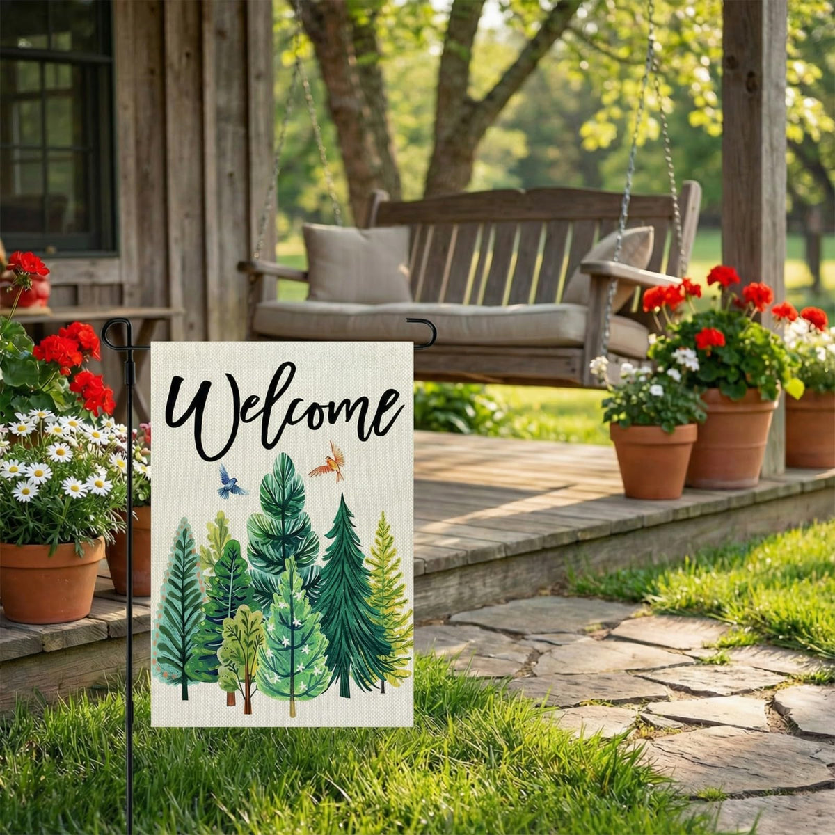 CROWNED BEAUTY flag design highlighting green trees and pastel accents for a fresh outdoor look.