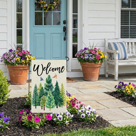 CROWNED BEAUTY Spring Garden Flag shows a welcoming greeting on both sides for visibility.