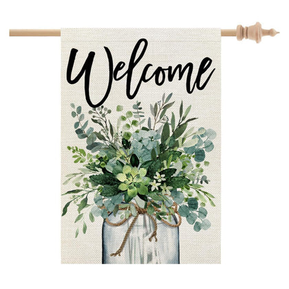CROWNED BEAUTY Spring House Flag 28x40 with floral mason jar welcomes guests outdoors.