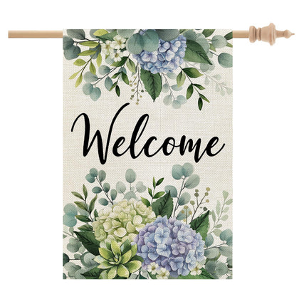 CROWNED BEAUTY Spring House Flag hydrangea eucalyptus, double-sided for vibrant outdoor visibility.