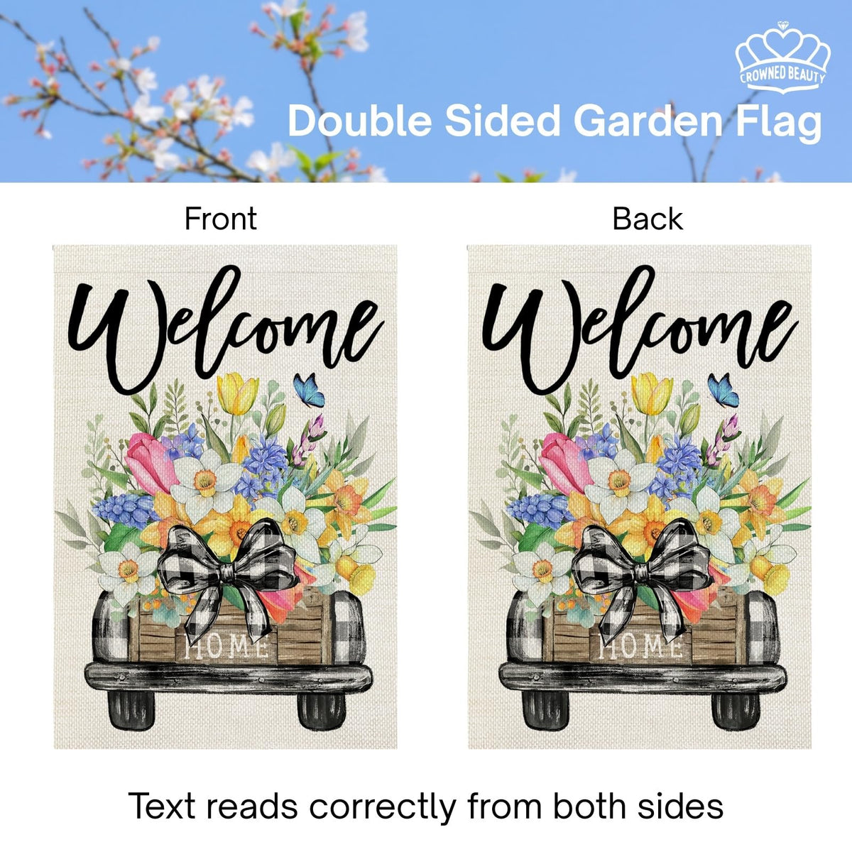 CROWNED BEAUTY spring flag greets guests with seasonal charm