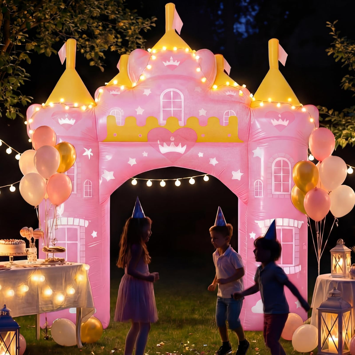 Crowye 10 ft pink princess arch front view; ideal party backdrop for photos.