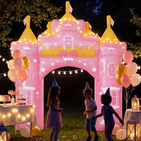 Crowye 10 ft pink princess arch front view; ideal party backdrop for photos.