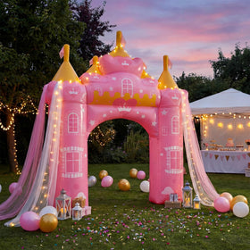 Crowye 10ft pink princess arch side view; enhances outdoor yard decorations for birthdays.