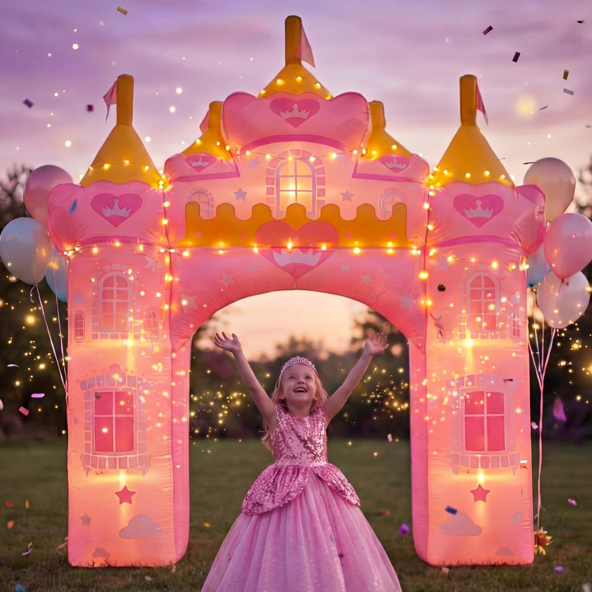 Crowye pink princess arch daylight display; bright focal point for garden celebrations.