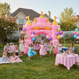 Crowye princess arch ropes and stakes setup; ensures stable decoration in wind.