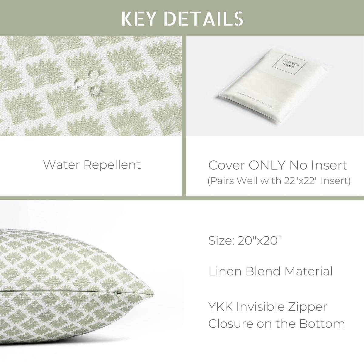 Crumbs Home invisible YKK zipper on 20x20 pillow cover for easy insert changes