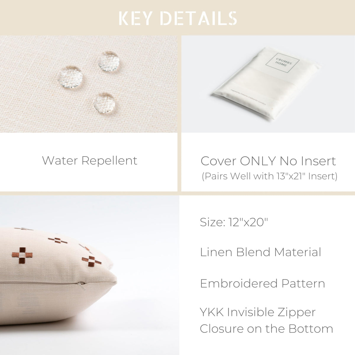Crumbs Home invisible YKK zipper maintains clean lines on pillow cover.