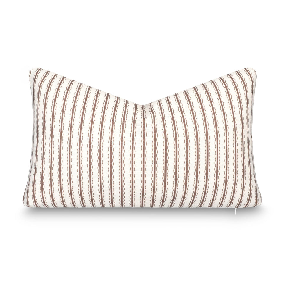 Crumbs Home lumbar pillow cover front view with cocoa brown wave stripes for indoor outdoor decor