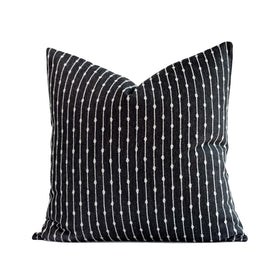 Crumbs Home modern farmhouse pillow cover with embroidered stripes on black backdrop, ideal for living rooms and patios.