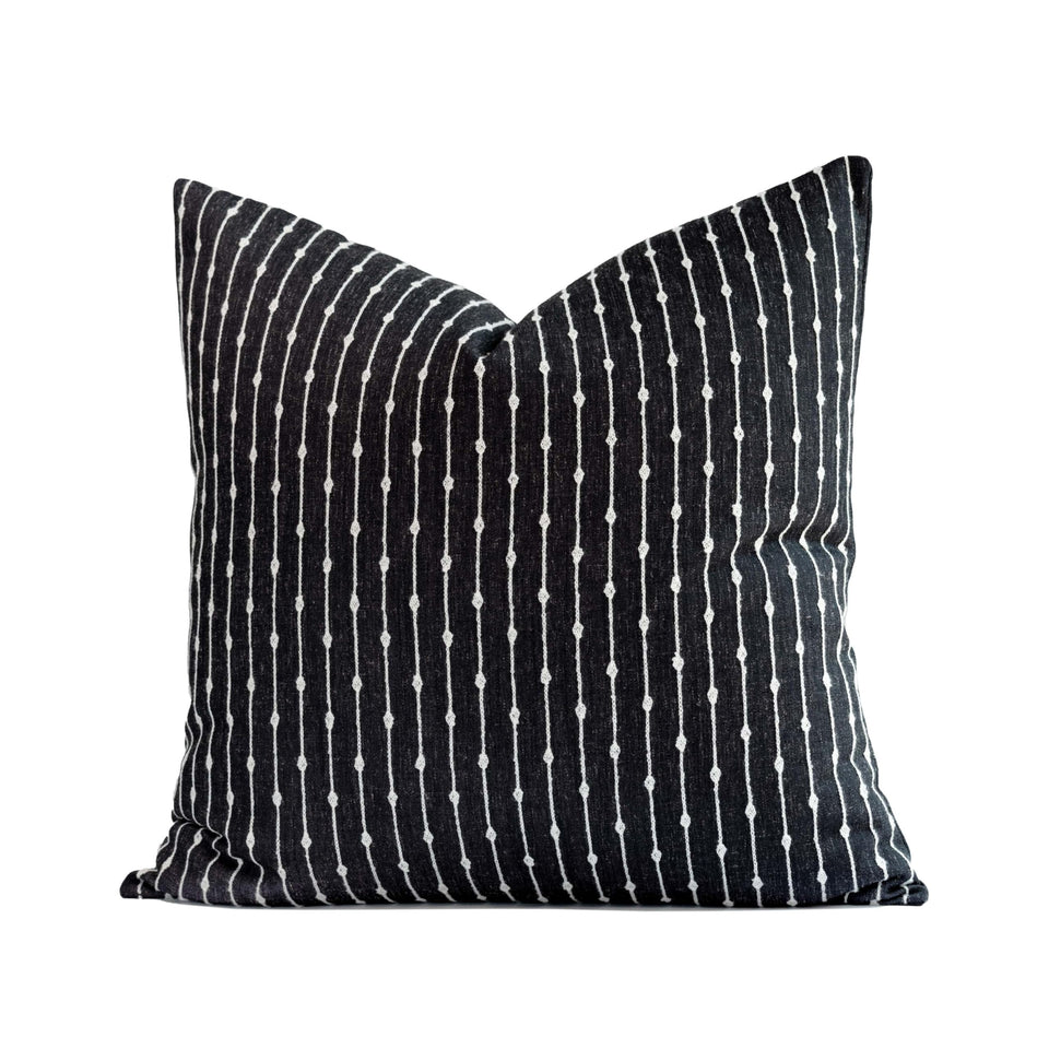 Crumbs Home modern farmhouse pillow cover with embroidered stripes on black backdrop, ideal for living rooms and patios.