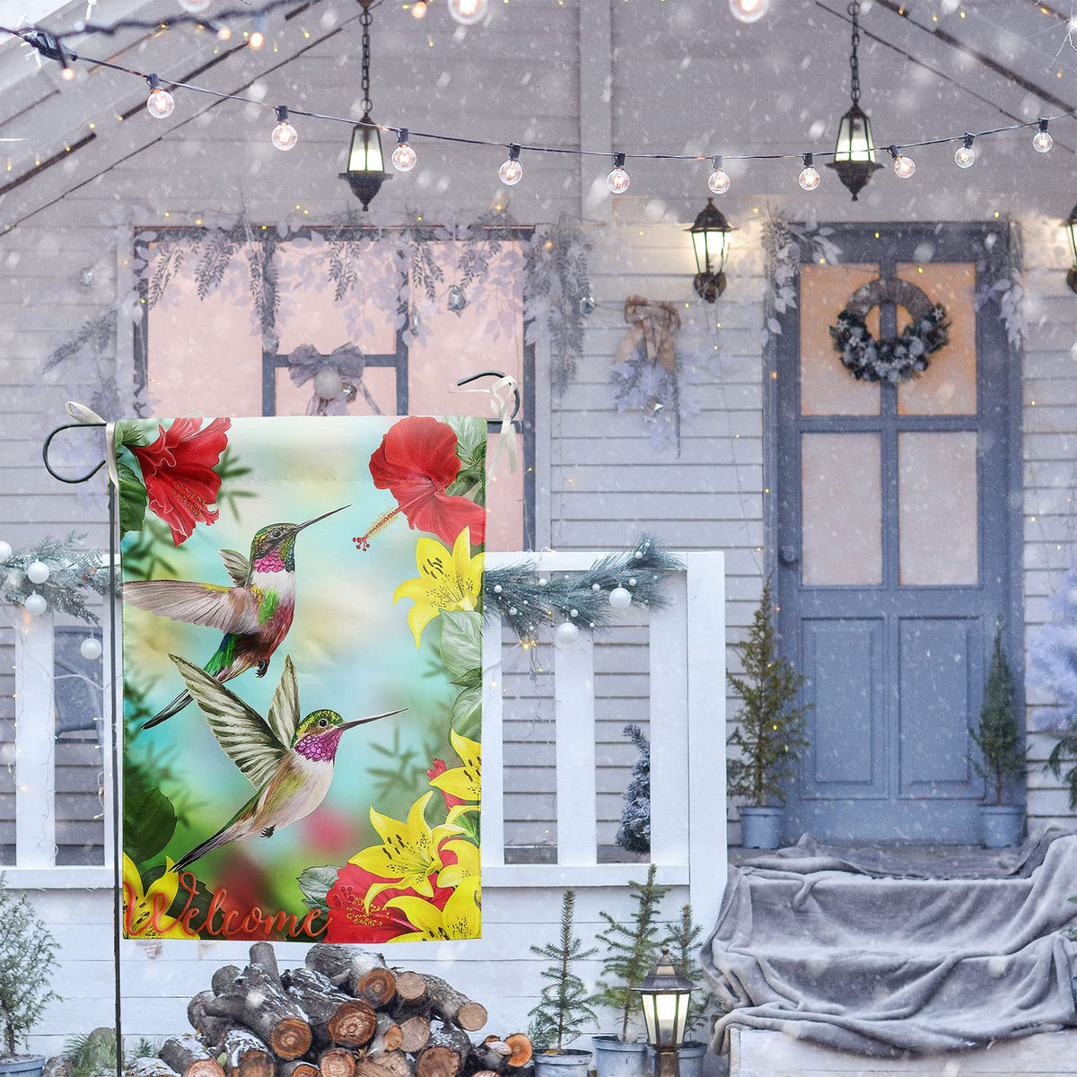 Cryfox hummingbird banner decorative flag displayed in a yard