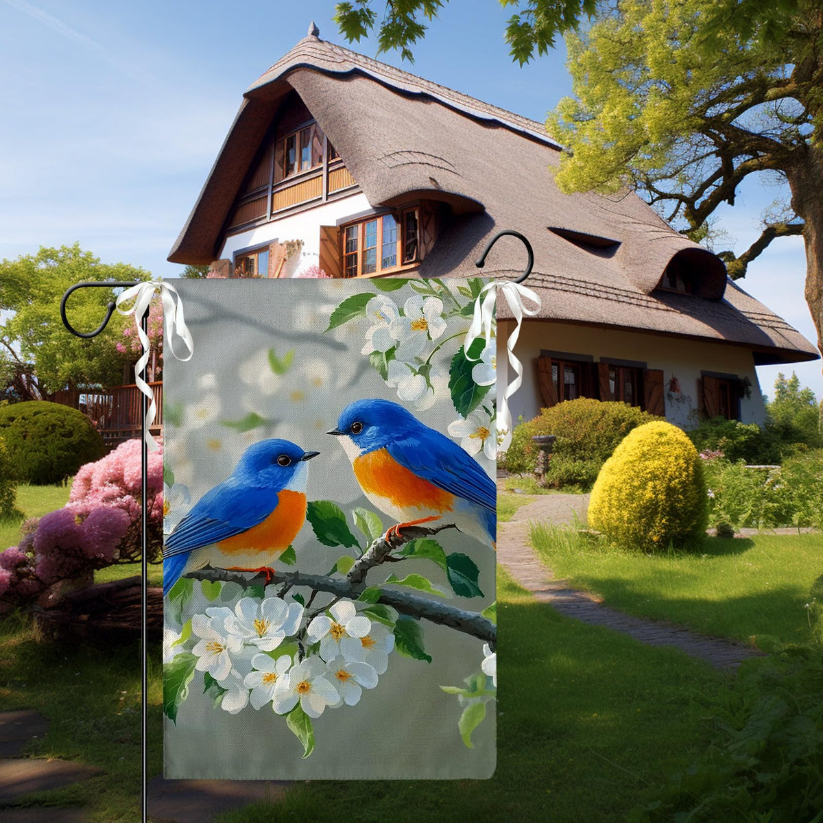 Cryfox garden flag complements patios with spring floral charm.