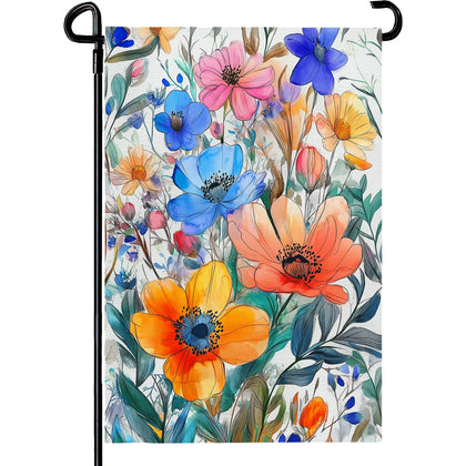 Cryfox spring summer floral garden flag 12x18 outdoors with vibrant petals fluttering in sunlight.