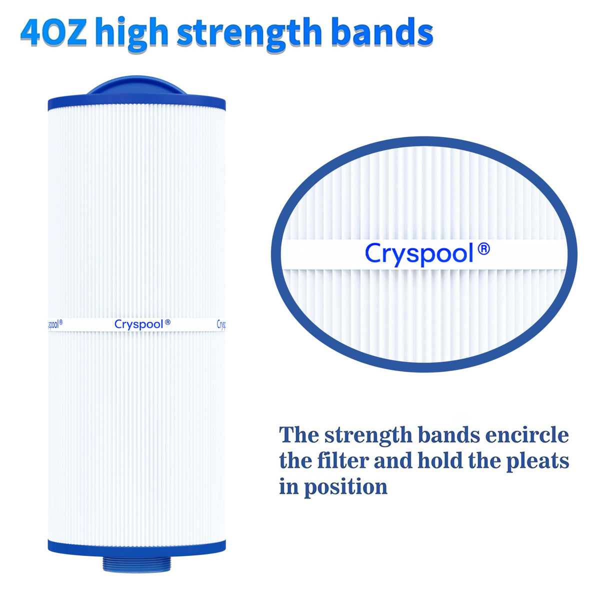 Cryspool robust end caps and pleats keep the cartridge securely in place during operation.