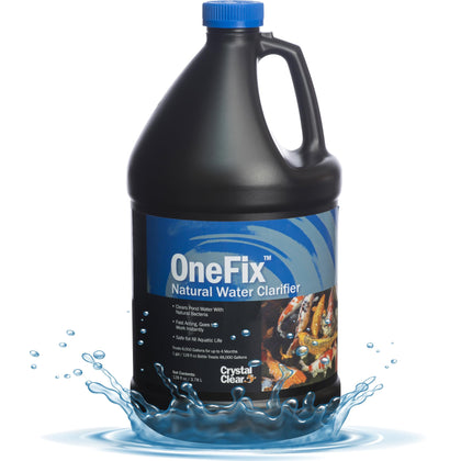 CrystalClear OneFix bottle being poured to start pond clarification.