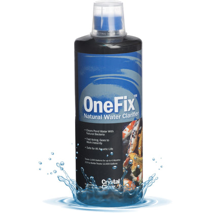 CrystalClear OneFix clarifier bottle pour improves pond water clarity.