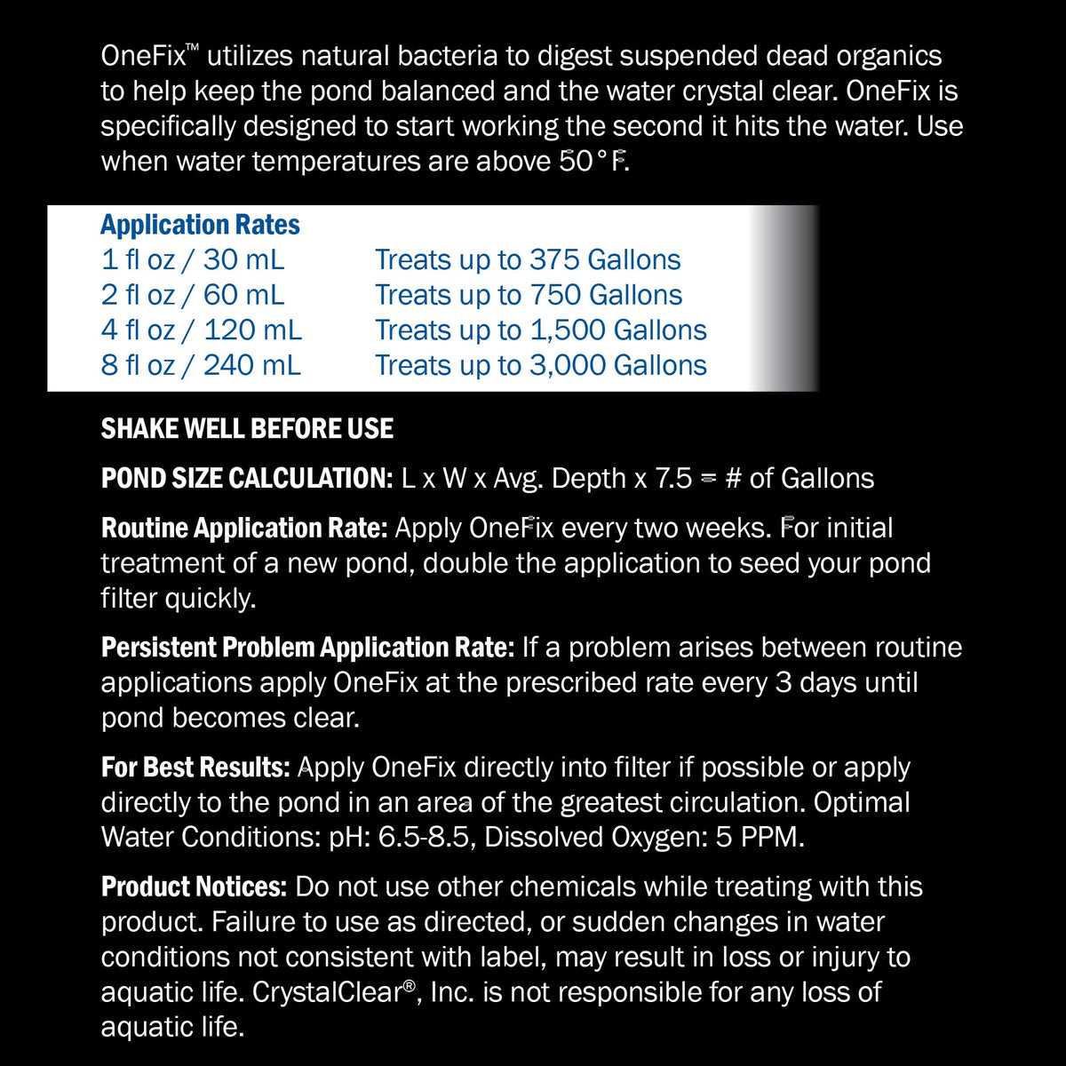 CrystalClear OneFix applied in koi pond balances the water ecosystem.