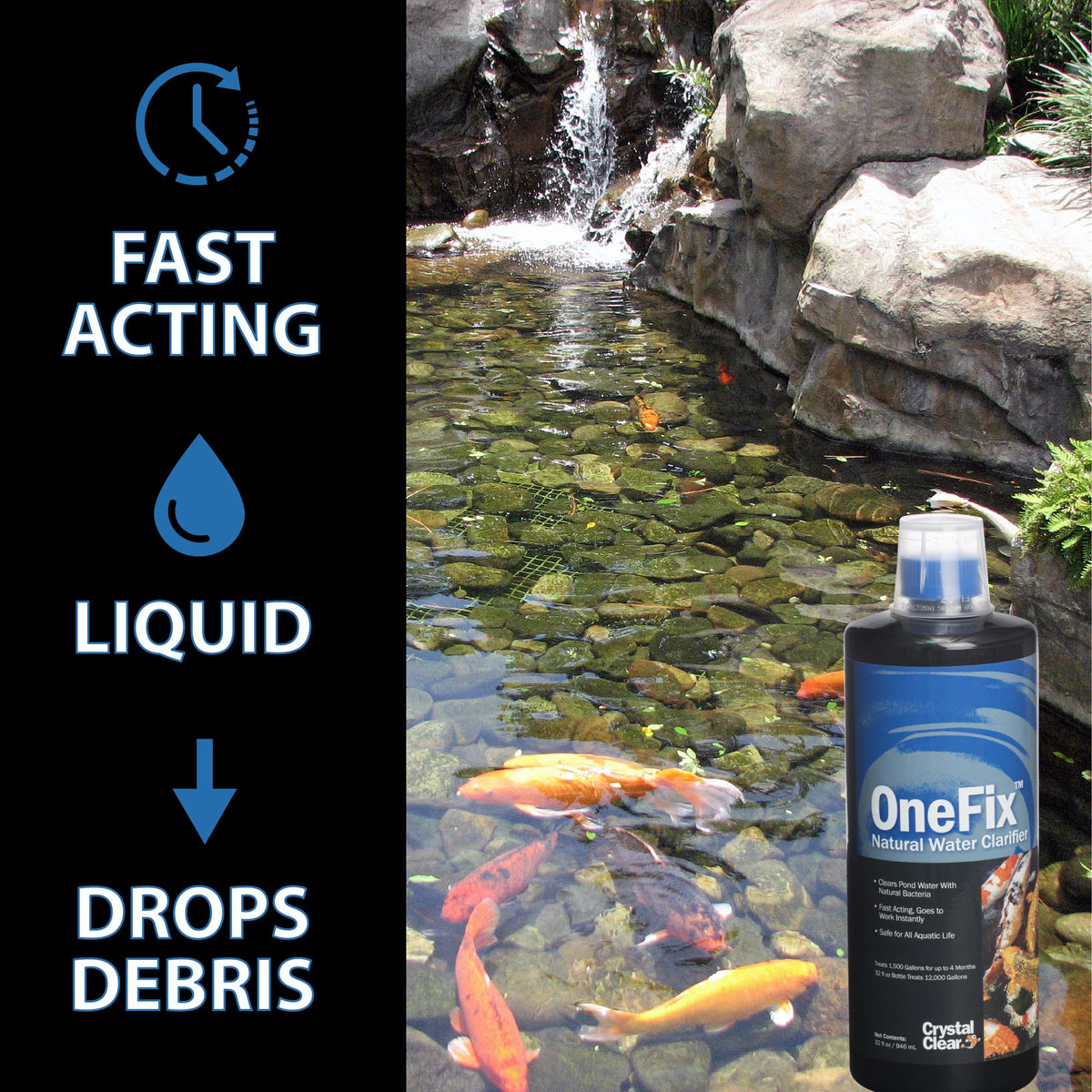 CrystalClear OneFix koi-pond scene shows improved water quality for koi.