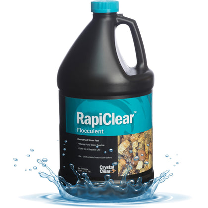 CrystalClear RapiClear bottle being poured into a pond for rapid clarity.
